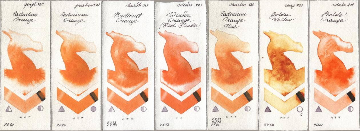 Golden QOR 180 Cadmium Orange, M. Graham & Co. Artists 038 Cadmium Orange, Holbein Artists Watercolor 047 Brilliant Orange, Winsor & Newton Professional 723 Winsor Orange (Red Shade), Daniel Smith 220 Cadmium Orange Hue, Rosa Gallery 730 Golden Yellow, 418 Fields Oran watercolor swatch