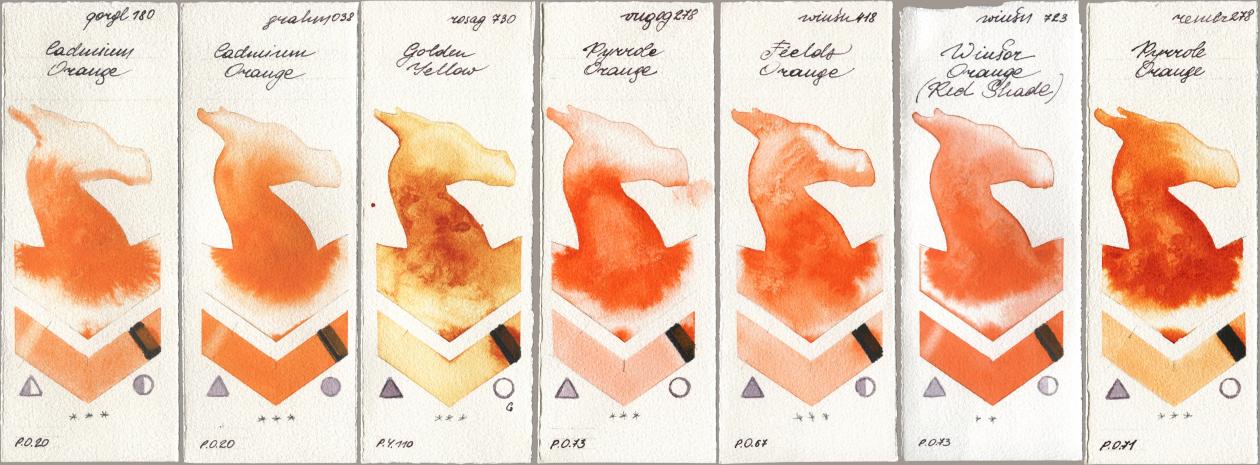 Golden QOR 180 Cadmium Orange, M. Graham & Co. Artists 038 Cadmium Orange, Rosa Gallery 730 Golden Yellow, Royal Talens Van Gogh Watercolour 278 Pyrrole Orange, Winsor & Newton Professional 418 Fields Orange, 723 Winsor Orange (Red Shade), Royal Talens Rembrandt Watercolour 278 Pyrrole Oran watercolor swatch