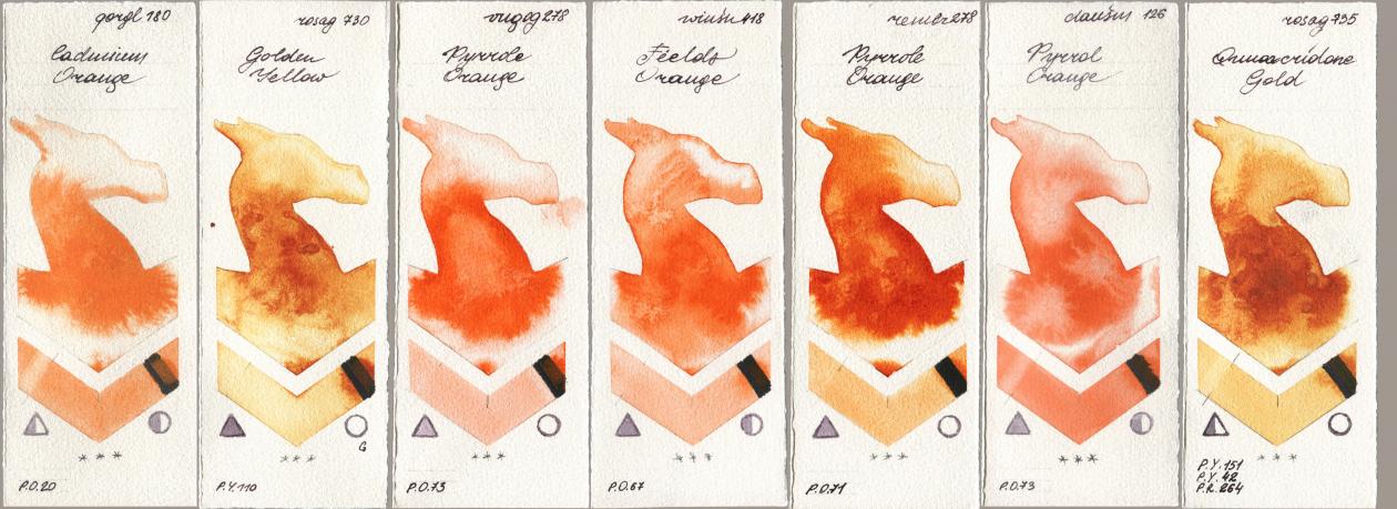 Golden QOR 180 Cadmium Orange, Rosa Gallery 730 Golden Yellow, Royal Talens Van Gogh Watercolour 278 Pyrrole Orange, Winsor & Newton Professional 418 Fields Orange, Royal Talens Rembrandt Watercolour 278 Pyrrole Orange, Daniel Smith 126 Pyrrol Orange, 735 Quinacridone Go watercolor swatch