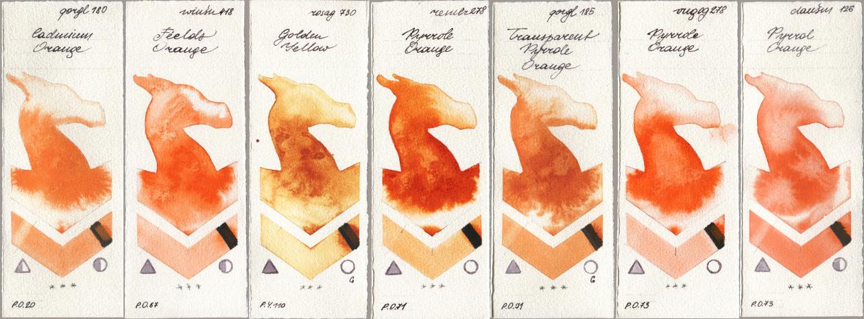 Golden QOR 180 Cadmium Orange, Winsor & Newton Professional 418 Fields Orange, Rosa Gallery 730 Golden Yellow, Royal Talens Rembrandt Watercolour 278 Pyrrole Orange, 185 Transparent Pyrrole Orange, Royal Talens Van Gogh Watercolour 278 Pyrrole Orange, Daniel Smith 126 Pyrrol Oran watercolor swatch