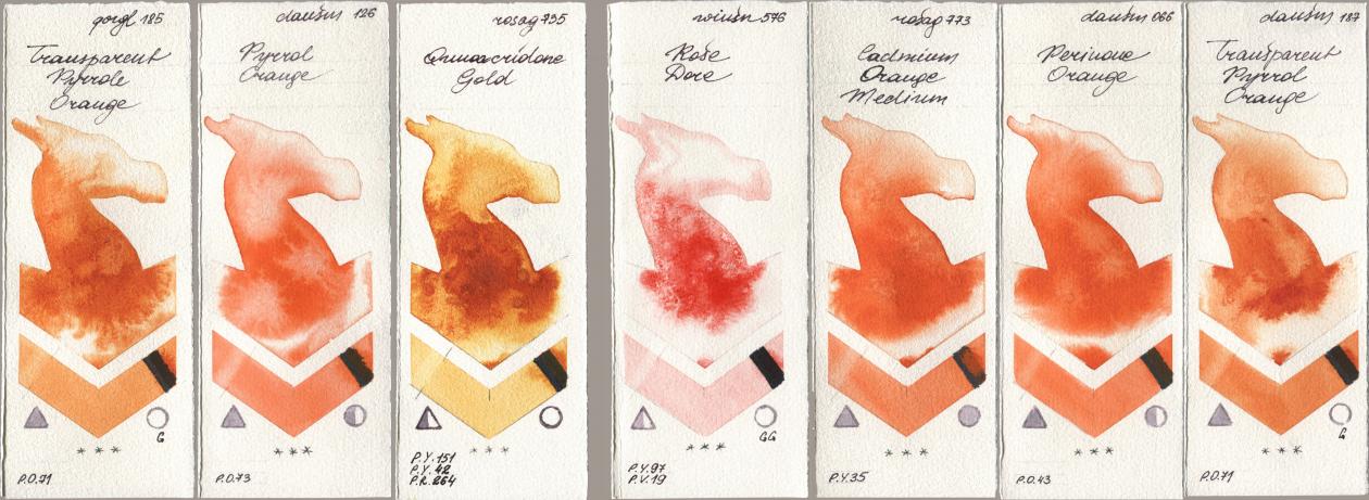Golden QOR 185 Transparent Pyrrole Orange, Daniel Smith 126 Pyrrol Orange, Rosa Gallery 735 Quinacridone Gold, Winsor & Newton Professional 576 Rose Dore, 773 Cadmium Orange Medium, 066 Perinone Orange, 187 Transparent Pyrrol Oran watercolor swatch