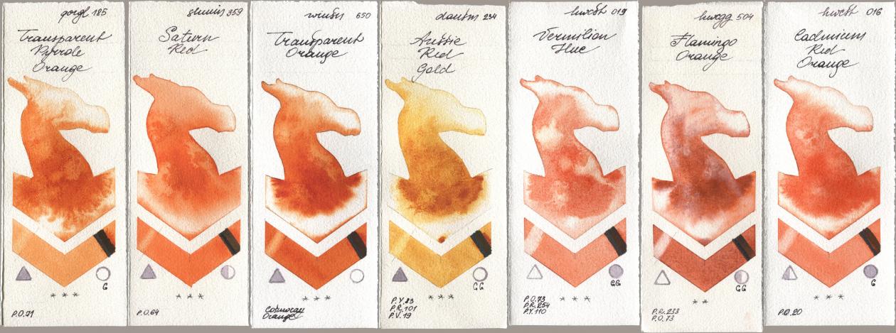 Golden QOR 185 Transparent Pyrrole Orange, Shminke Horadam Aquarell 359 Saturn Red, Winsor & Newton Professional 650 Transparent Orange, Daniel Smith 234 Aussie Red Gold, Holbein Artists Watercolor 019 Vermilion Hue, 504 Flamingo Orange, 016 Cadmium Red Oran watercolor swatch