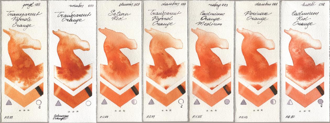 Golden QOR 185 Transparent Pyrrole Orange, Winsor & Newton Professional 650 Transparent Orange, Shminke Horadam Aquarell 359 Saturn Red, Daniel Smith 187 Transparent Pyrrol Orange, Rosa Gallery 773 Cadmium Orange Medium, 066 Perinone Orange, Holbein Artists Watercolor 016 Cadmium Red Oran watercolor swatch