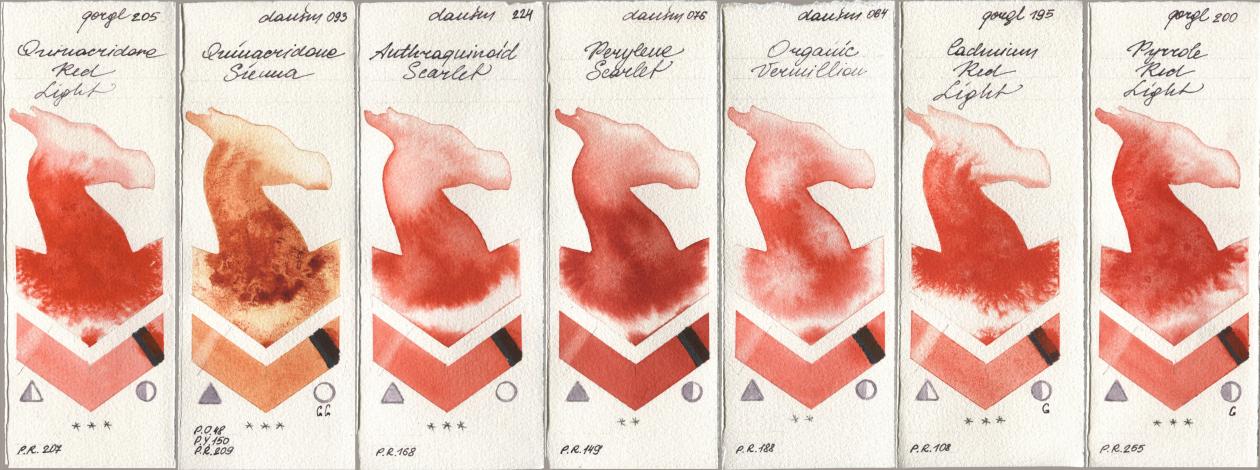 Golden QOR 205 Quinacridone Red Light, Daniel Smith 093 Quinacridone Sienna, 224 Anthraquinoid Scarlet, 076 Perylene Scarlet, 064 Organic Vermilion, 195 Cadmium Red Light, 200 Pyrrole Red Lig watercolor swatch