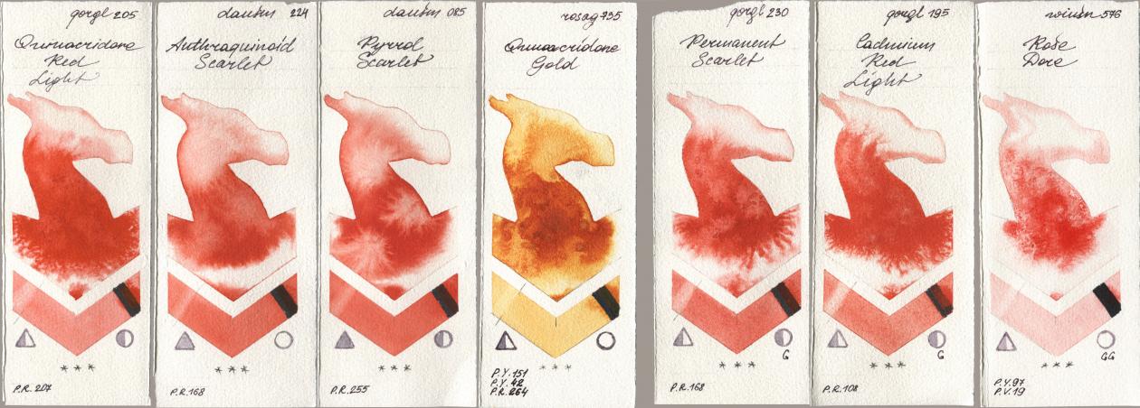 Golden QOR 205 Quinacridone Red Light, Daniel Smith 224 Anthraquinoid Scarlet, 085 Pyrrol Scarlet, Rosa Gallery 735 Quinacridone Gold, 230 Permanent Scarlet, 195 Cadmium Red Light, Winsor & Newton Professional 576 Rose Do watercolor swatch
