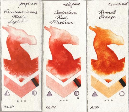 Golden QOR 205 Quinacridone Red Light, Rosa Gallery 707 Cadmium Red Medium, Royal Talens Rembrandt Watercolour 278 Pyrrole Oran watercolor swatch