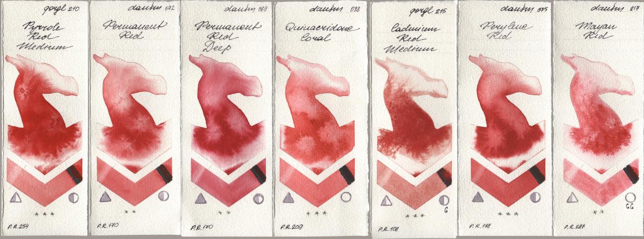 Golden QOR 210 Pyrrole Red Medium, Daniel Smith 072 Permanent Red, 069 Permanent Red Deep, 088 Quinacridone Coral, 215 Cadmium Red Medium, 075 Perylene Red, 217 Mayan R watercolor swatch