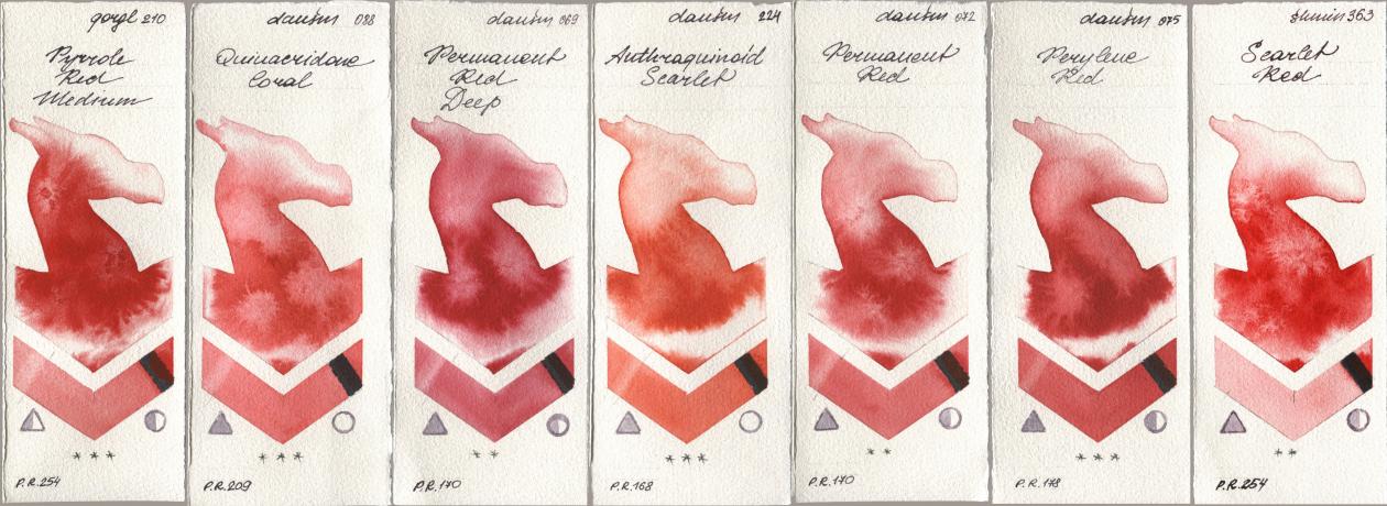 Golden QOR 210 Pyrrole Red Medium, Daniel Smith 088 Quinacridone Coral, 069 Permanent Red Deep, 224 Anthraquinoid Scarlet, 072 Permanent Red, 075 Perylene Red, Shminke Horadam Aquarell 363 Scarlet R watercolor swatch