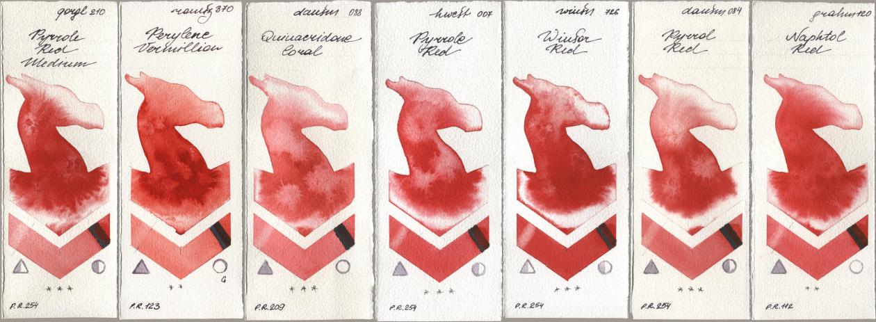 Golden QOR 210 Pyrrole Red Medium, Roman Szmal Aquarius 370 Perylene Vermillion, Daniel Smith 088 Quinacridone Coral, Holbein Artists Watercolor 007 Pyrrole Red, Winsor & Newton Professional 726 Winsor Red, 084 Pyrrol Red, M. Graham & Co. Artists 120 Naphthol R watercolor swatch