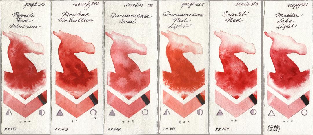 Golden QOR 210 Pyrrole Red Medium, Roman Szmal Aquarius 370 Perylene Vermillion, Daniel Smith 088 Quinacridone Coral, 205 Quinacridone Red Light, Shminke Horadam Aquarell 363 Scarlet Red, Royal Talens Van Gogh Watercolour 327 Madder Lake Lig watercolor swatch