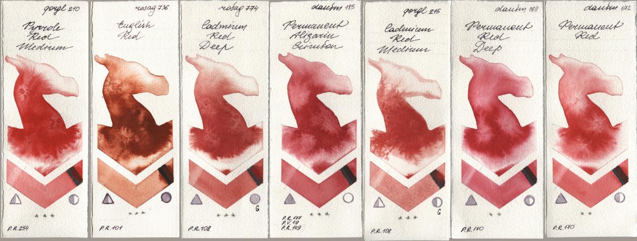 Golden QOR 210 Pyrrole Red Medium, Rosa Gallery 736 English Red, 774 Cadmium Red Deep, Daniel Smith 185 Permanent Alizarin Crimson, 215 Cadmium Red Medium, 069 Permanent Red Deep, 072 Permanent R watercolor swatch