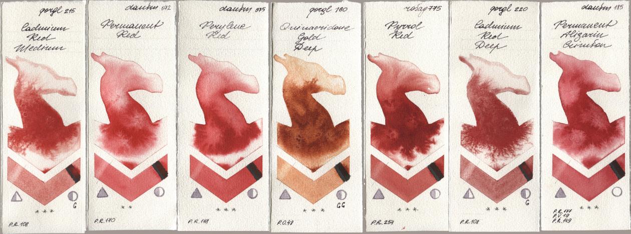 Golden QOR 215 Cadmium Red Medium, Daniel Smith 072 Permanent Red, 075 Perylene Red, 160 Quinacridone Gold Deep, Rosa Gallery 775 Pyrrole Red, 220 Cadmium Red Deep, 185 Permanent Alizarin Crims watercolor swatch