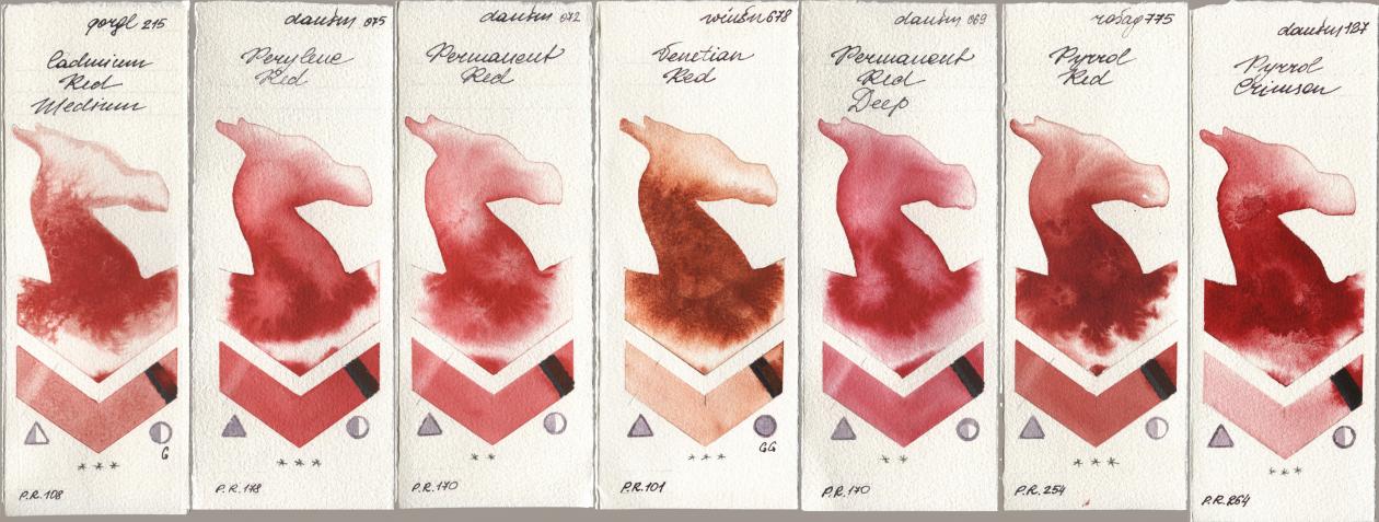 Golden QOR 215 Cadmium Red Medium, Daniel Smith 075 Perylene Red, 072 Permanent Red, Winsor & Newton Professional 678 Venetian Red, 069 Permanent Red Deep, Rosa Gallery 775 Pyrrole Red, 127 Pyrrol Crims watercolor swatch