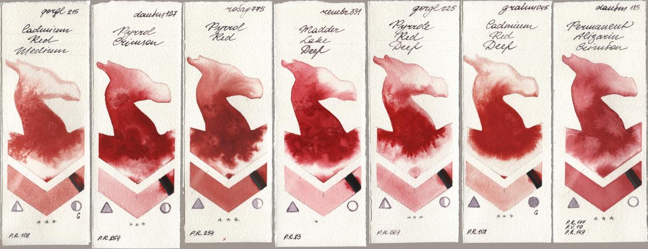 Golden QOR 215 Cadmium Red Medium, Daniel Smith 127 Pyrrol Crimson, Rosa Gallery 775 Pyrrole Red, Royal Talens Rembrandt Watercolour 331 Madder Lake Deep, 225 Pyrrole Red Deep, M. Graham & Co. Artists 045 Cadmium Red Deep, 185 Permanent Alizarin Crims watercolor swatch