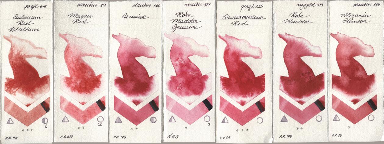 Golden QOR 215 Cadmium Red Medium, Daniel Smith 217 Mayan Red, 020 Carmine, Winsor & Newton Professional 587 Rose Madder Genuine, 235 Quinacridone Red, Mijello Mission Gold 513 Rose Madder, 004 Alizarin Crims watercolor swatch