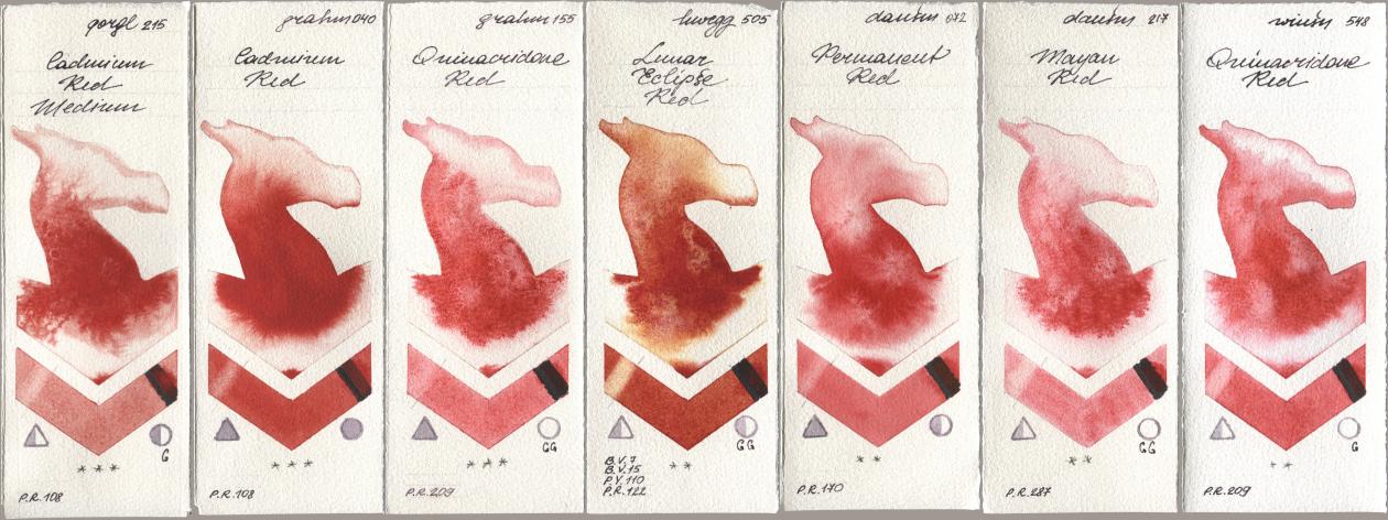 Golden QOR 215 Cadmium Red Medium, M. Graham & Co. Artists 040 Cadmium Red, 155 Quinacridone Red, Holbein Artists Watercolor 505 Lunar Eclipse Red, Daniel Smith 072 Permanent Red, 217 Mayan Red, Winsor & Newton Professional 548 Quinacridone R watercolor swatch