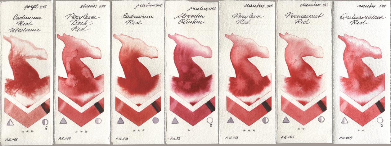 Golden QOR 215 Cadmium Red Medium, Shminke Horadam Aquarell 344 Perylene Dark Red, M. Graham & Co. Artists 040 Cadmium Red, 010 Alizarin Crimson, Daniel Smith 075 Perylene Red, 072 Permanent Red, Winsor & Newton Professional 548 Quinacridone R watercolor swatch