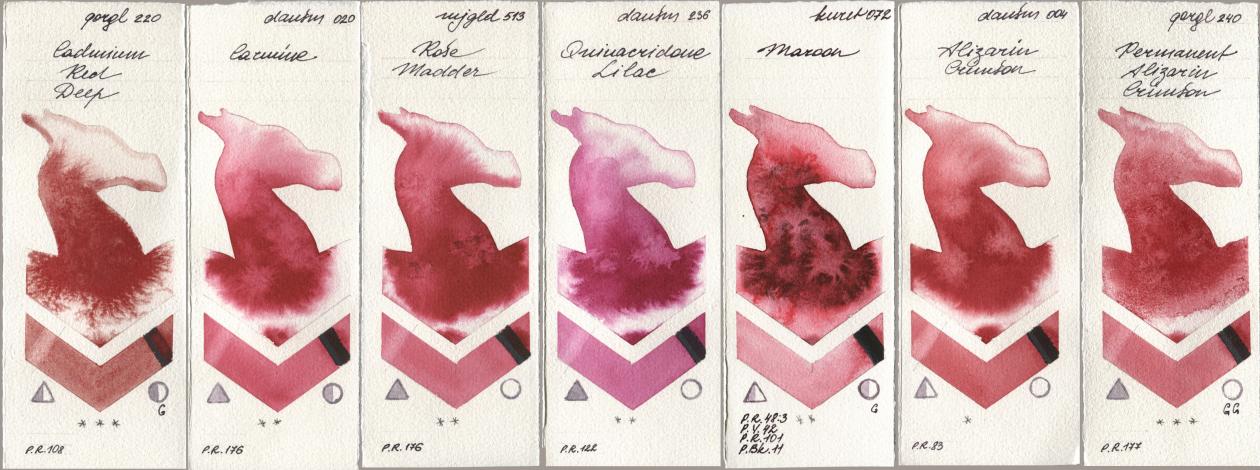 Golden QOR 220 Cadmium Red Deep, Daniel Smith 020 Carmine, Mijello Mission Gold 513 Rose Madder, 236 Quinacridone Lilac, Kuretake Gansai Tambi 072 Maroon, 004 Alizarin Crimson, 240 Permanent Alizarin Crims watercolor swatch