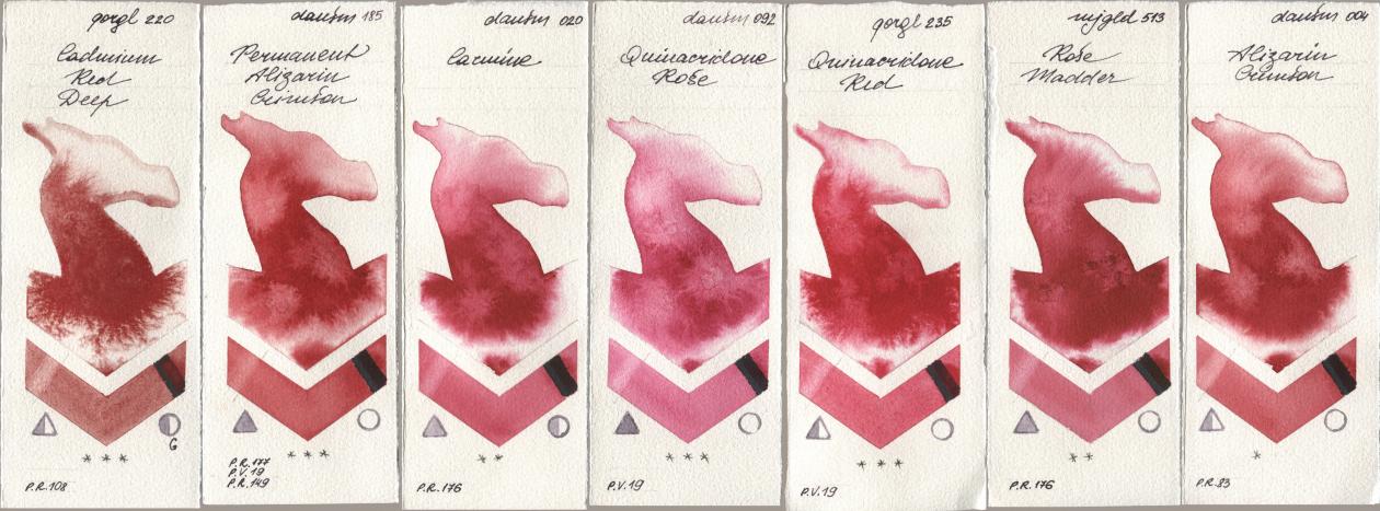 Golden QOR 220 Cadmium Red Deep, Daniel Smith 185 Permanent Alizarin Crimson, 020 Carmine, 092 Quinacridone Rose, 235 Quinacridone Red, Mijello Mission Gold 513 Rose Madder, 004 Alizarin Crims watercolor swatch
