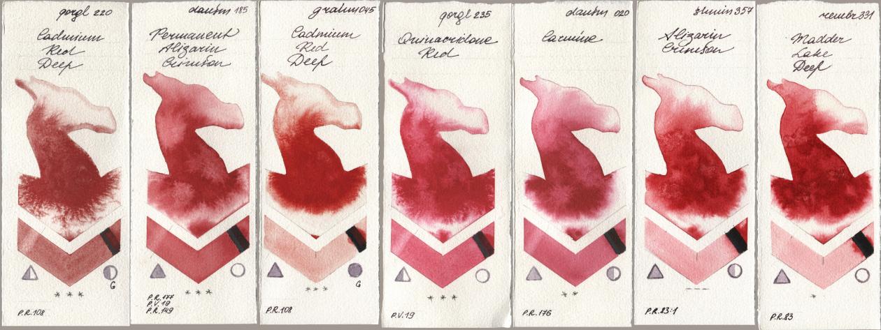 Golden QOR 220 Cadmium Red Deep, Daniel Smith 185 Permanent Alizarin Crimson, M. Graham & Co. Artists 045 Cadmium Red Deep, 235 Quinacridone Red, 020 Carmine, Shminke Horadam Aquarell 357 Alizarin Crimson, Royal Talens Rembrandt Watercolour 331 Madder Lake De watercolor swatch