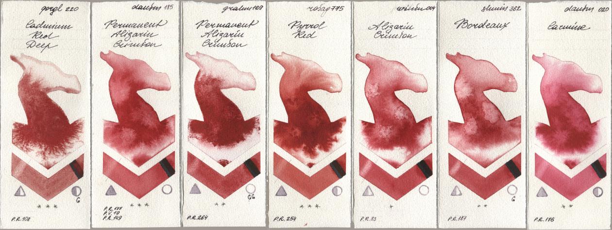 Golden QOR 220 Cadmium Red Deep, Daniel Smith 185 Permanent Alizarin Crimson, M. Graham & Co. Artists 129 Permanent Alizarin Crimson, Rosa Gallery 775 Pyrrole Red, Winsor & Newton Professional 004 Alizarin Crimson, Shminke Horadam Aquarell 362 Bordeaux, 020 Carmi watercolor swatch