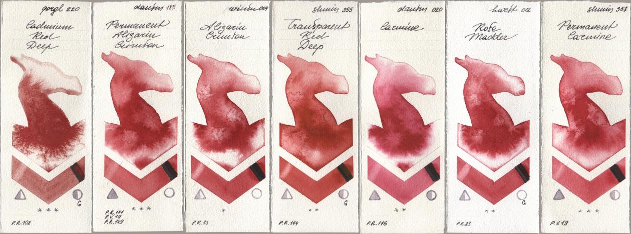 Golden QOR 220 Cadmium Red Deep, Daniel Smith 185 Permanent Alizarin Crimson, Winsor & Newton Professional 004 Alizarin Crimson, Shminke Horadam Aquarell 355 Transparent Red Deep, 020 Carmine, Holbein Artists Watercolor 012 Rose Madder, 353 Permanent Carmi watercolor swatch