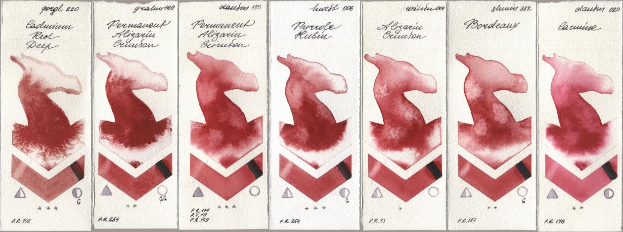 Golden QOR 220 Cadmium Red Deep, M. Graham & Co. Artists 129 Permanent Alizarin Crimson, Daniel Smith 185 Permanent Alizarin Crimson, Holbein Artists Watercolor 006 Pyrrole Rubin, Winsor & Newton Professional 004 Alizarin Crimson, Shminke Horadam Aquarell 362 Bordeaux, 020 Carmi watercolor swatch