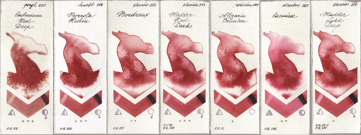 Golden QOR 220 Cadmium Red Deep, Holbein Artists Watercolor 006 Pyrrole Rubin, Shminke Horadam Aquarell 362 Bordeaux, 354 Madder Red Dark, Winsor & Newton Professional 004 Alizarin Crimson, Daniel Smith 020 Carmine, 358 Madder Lake De watercolor swatch