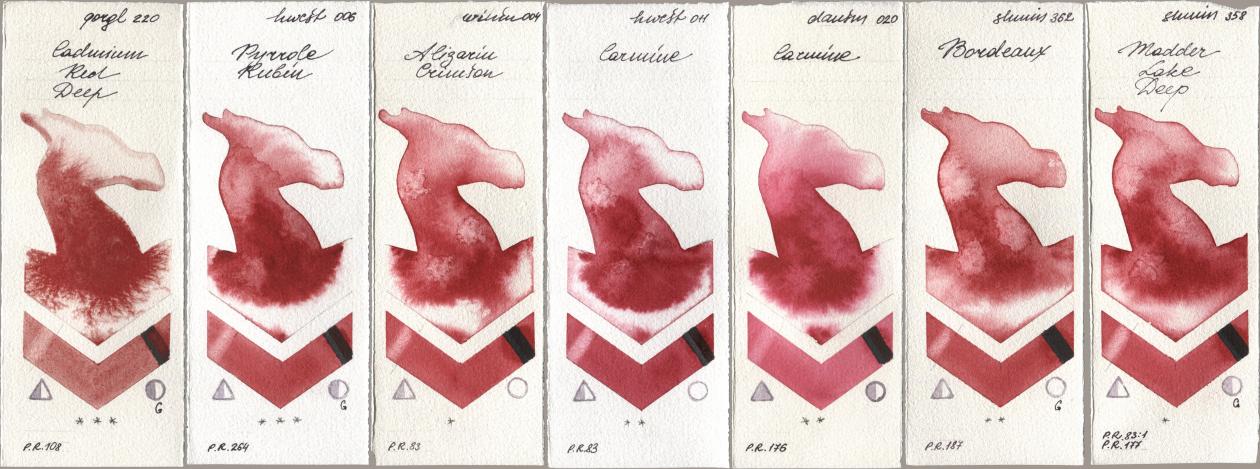 Golden QOR 220 Cadmium Red Deep, Holbein Artists Watercolor 006 Pyrrole Rubin, Winsor & Newton Professional 004 Alizarin Crimson, 011 Carmine, Daniel Smith 020 Carmine, Shminke Horadam Aquarell 362 Bordeaux, 358 Madder Lake De watercolor swatch