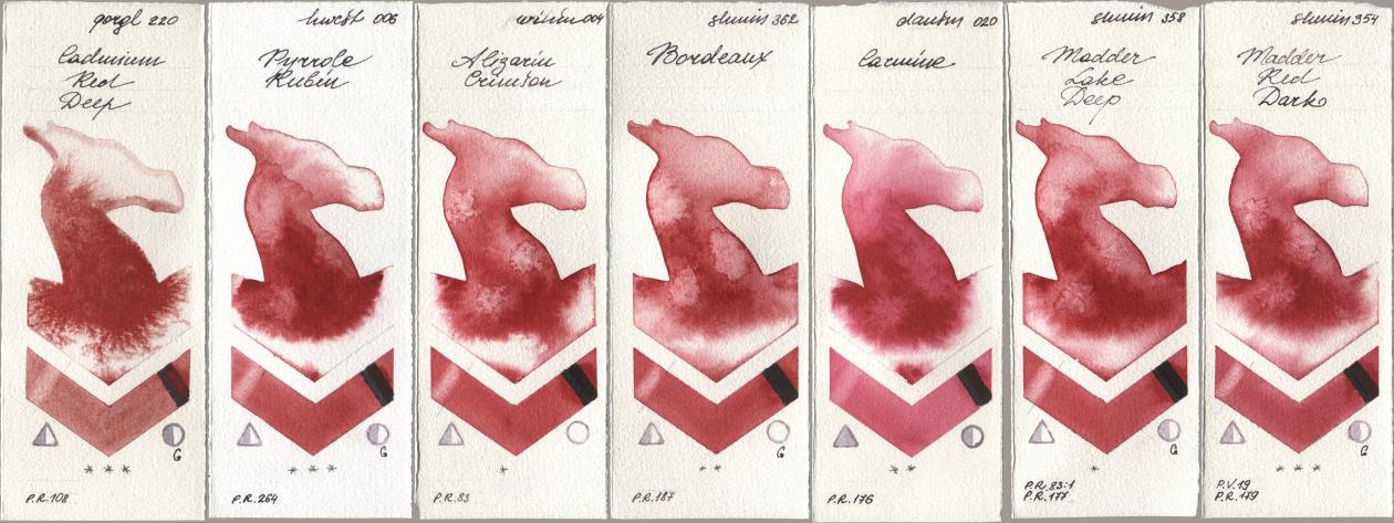 Golden QOR 220 Cadmium Red Deep, Holbein Artists Watercolor 006 Pyrrole Rubin, Winsor & Newton Professional 004 Alizarin Crimson, Shminke Horadam Aquarell 362 Bordeaux, Daniel Smith 020 Carmine, 358 Madder Lake Deep, 354 Madder Red Da watercolor swatch
