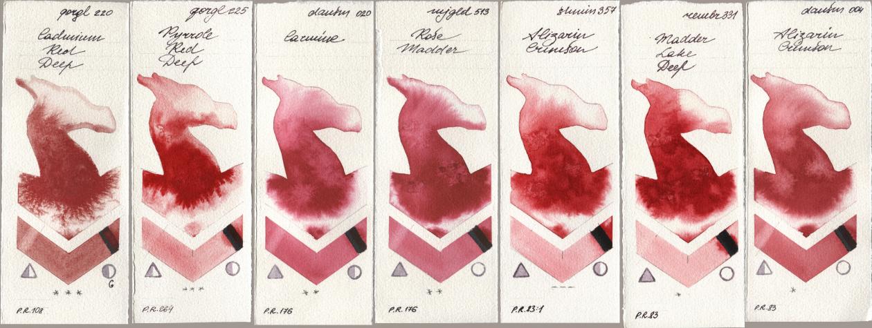 Golden QOR 220 Cadmium Red Deep, 225 Pyrrole Red Deep, Daniel Smith 020 Carmine, Mijello Mission Gold 513 Rose Madder, Shminke Horadam Aquarell 357 Alizarin Crimson, Royal Talens Rembrandt Watercolour 331 Madder Lake Deep, 004 Alizarin Crims watercolor swatch