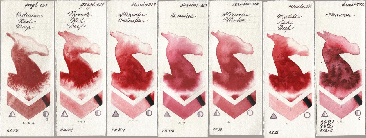 Golden QOR 220 Cadmium Red Deep, 225 Pyrrole Red Deep, Shminke Horadam Aquarell 357 Alizarin Crimson, Daniel Smith 020 Carmine, 004 Alizarin Crimson, Royal Talens Rembrandt Watercolour 331 Madder Lake Deep, Kuretake Gansai Tambi 072 Maro watercolor swatch