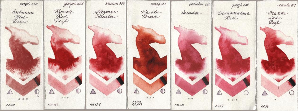 Golden QOR 220 Cadmium Red Deep, 225 Pyrrole Red Deep, Shminke Horadam Aquarell 357 Alizarin Crimson, Rosa Gallery 757 Madder Brown, Daniel Smith 020 Carmine, 235 Quinacridone Red, Royal Talens Rembrandt Watercolour 331 Madder Lake De watercolor swatch