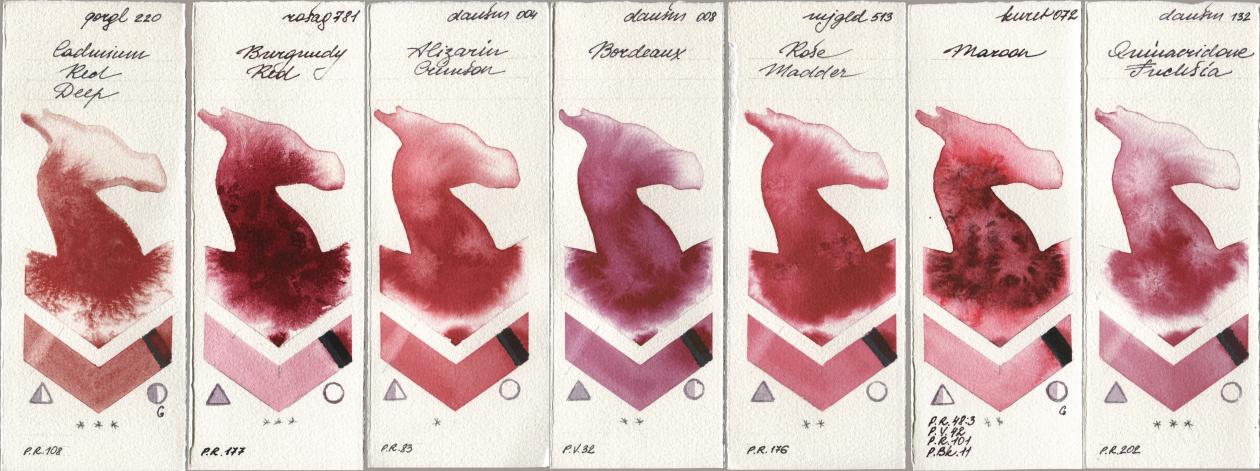 Golden QOR 220 Cadmium Red Deep, Rosa Gallery 781 Burgundy Red, Daniel Smith 004 Alizarin Crimson, 008 Bordeaux, Mijello Mission Gold 513 Rose Madder, Kuretake Gansai Tambi 072 Maroon, 132 Quinacridone Fuchs watercolor swatch