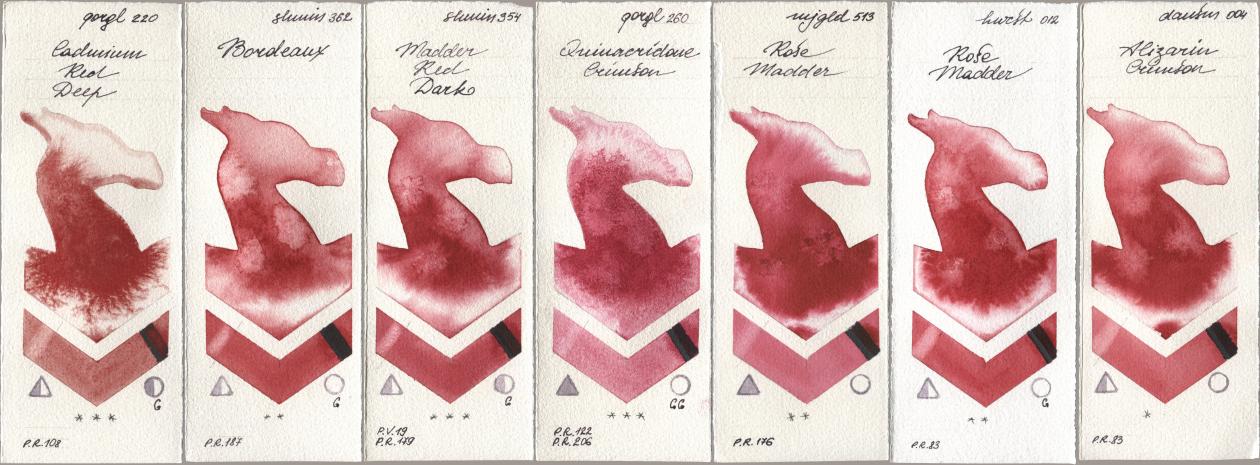 Golden QOR 220 Cadmium Red Deep, Shminke Horadam Aquarell 362 Bordeaux, 354 Madder Red Dark, 260 Quinacridone Crimson, Mijello Mission Gold 513 Rose Madder, Holbein Artists Watercolor 012 Rose Madder, Daniel Smith 004 Alizarin Crims watercolor swatch