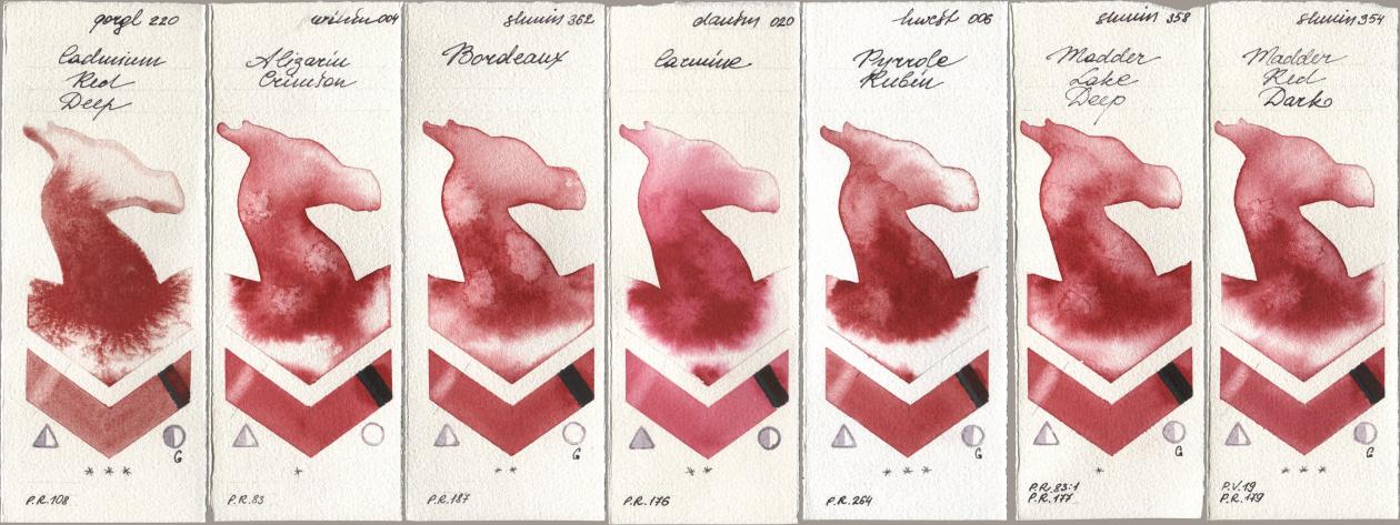 Golden QOR 220 Cadmium Red Deep, Winsor & Newton Professional 004 Alizarin Crimson, Shminke Horadam Aquarell 362 Bordeaux, Daniel Smith 020 Carmine, Holbein Artists Watercolor 006 Pyrrole Rubin, 358 Madder Lake Deep, 354 Madder Red Da watercolor swatch