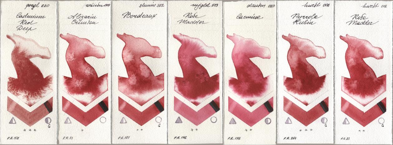 Golden QOR 220 Cadmium Red Deep, Winsor & Newton Professional 004 Alizarin Crimson, Shminke Horadam Aquarell 362 Bordeaux, Mijello Mission Gold 513 Rose Madder, Daniel Smith 020 Carmine, Holbein Artists Watercolor 006 Pyrrole Rubin, 012 Rose Madd watercolor swatch
