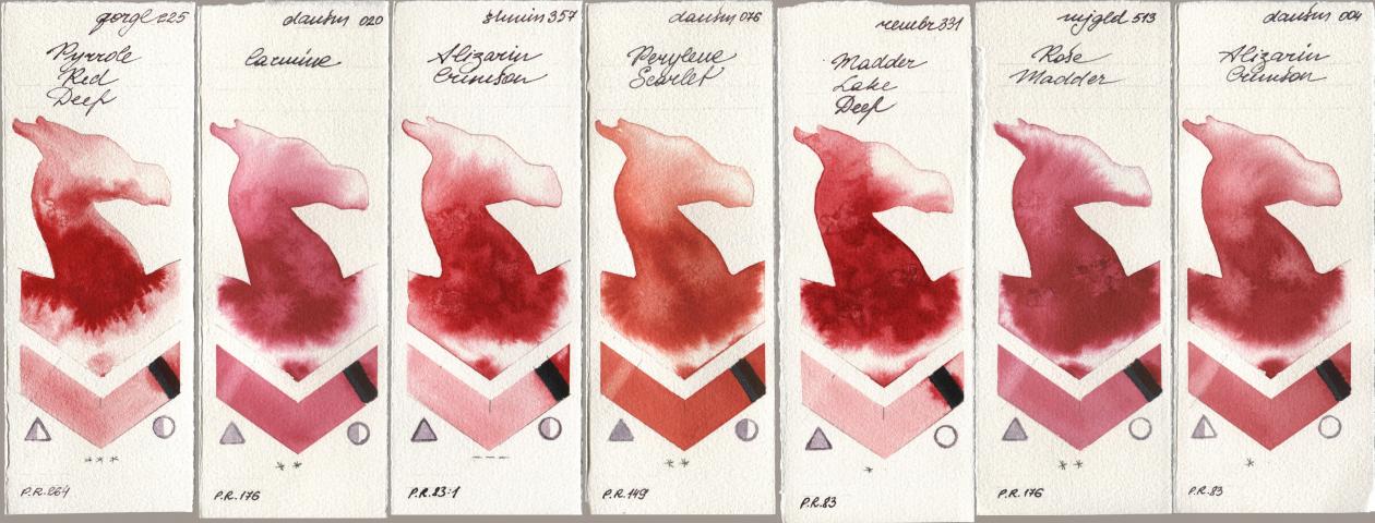 Golden QOR 225 Pyrrole Red Deep, Daniel Smith 020 Carmine, Shminke Horadam Aquarell 357 Alizarin Crimson, 076 Perylene Scarlet, Royal Talens Rembrandt Watercolour 331 Madder Lake Deep, Mijello Mission Gold 513 Rose Madder, 004 Alizarin Crims watercolor swatch