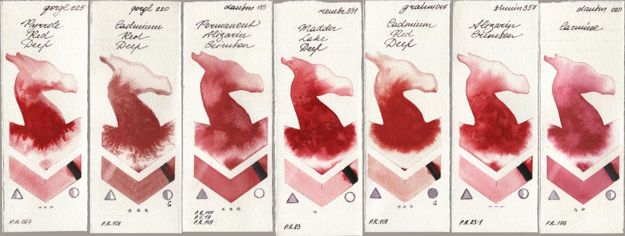 Golden QOR 225 Pyrrole Red Deep, 220 Cadmium Red Deep, Daniel Smith 185 Permanent Alizarin Crimson, Royal Talens Rembrandt Watercolour 331 Madder Lake Deep, M. Graham & Co. Artists 045 Cadmium Red Deep, Shminke Horadam Aquarell 357 Alizarin Crimson, 020 Carmi watercolor swatch