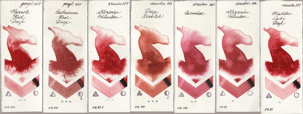 Golden QOR 225 Pyrrole Red Deep, 220 Cadmium Red Deep, Shminke Horadam Aquarell 357 Alizarin Crimson, Daniel Smith 033 Deep Scarlet, 020 Carmine, 004 Alizarin Crimson, Royal Talens Rembrandt Watercolour 331 Madder Lake De watercolor swatch