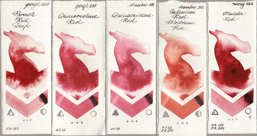 Golden QOR 225 Pyrrole Red Deep, 235 Quinacridone Red, Daniel Smith 091 Quinacridone Red, 222 Cadmium Red Medium Hue, Rosa Gallery 725 Madder R watercolor swatch