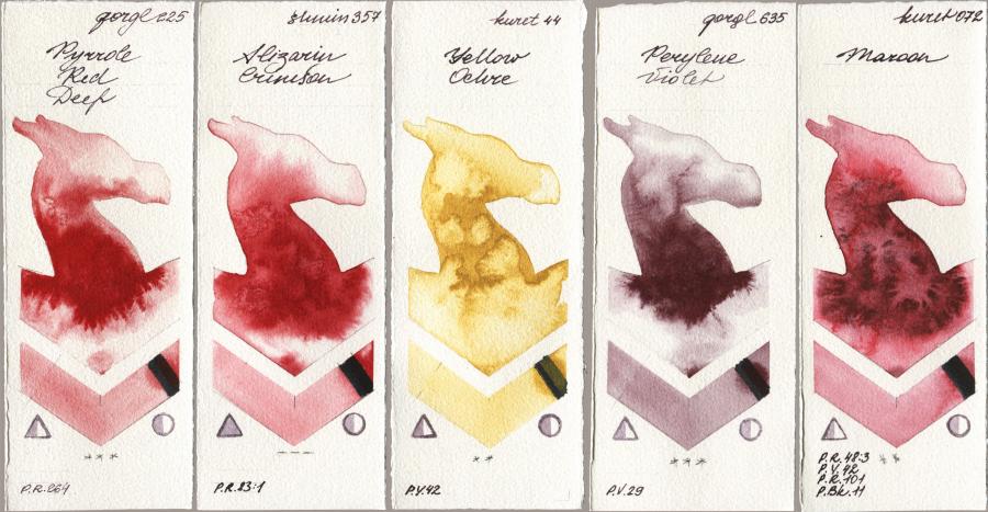 Golden QOR 225 Pyrrole Red Deep vs Shminke Horadam Aquarell 357 Alizarin Crimson vs Kuretake Gansai Tambi 044 Yellow Ochre vs 635 Perylene Violet vs 072 Maroon watercolor swatch