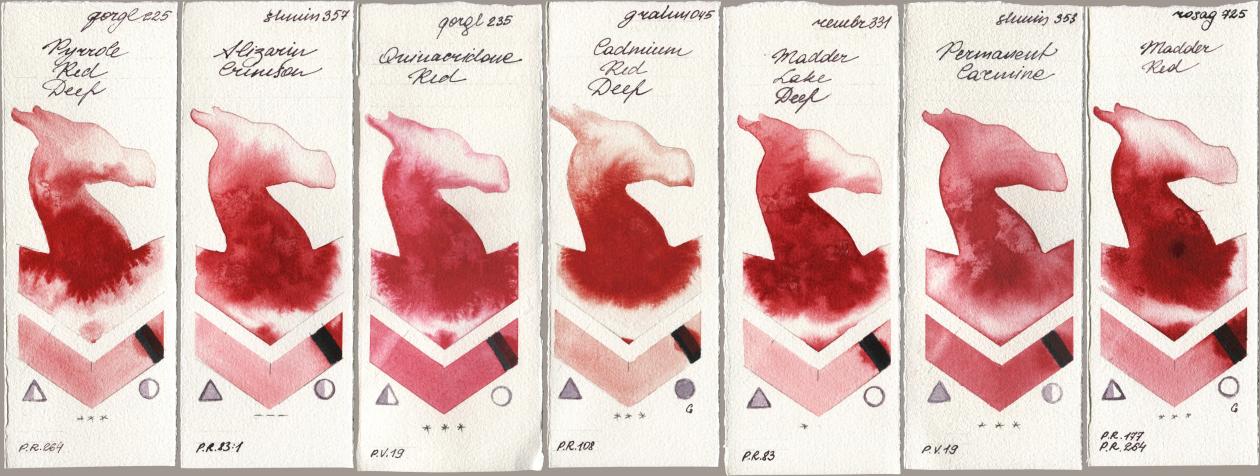 Golden QOR 225 Pyrrole Red Deep, Shminke Horadam Aquarell 357 Alizarin Crimson, 235 Quinacridone Red, M. Graham & Co. Artists 045 Cadmium Red Deep, Royal Talens Rembrandt Watercolour 331 Madder Lake Deep, 353 Permanent Carmine, Rosa Gallery 725 Madder R watercolor swatch