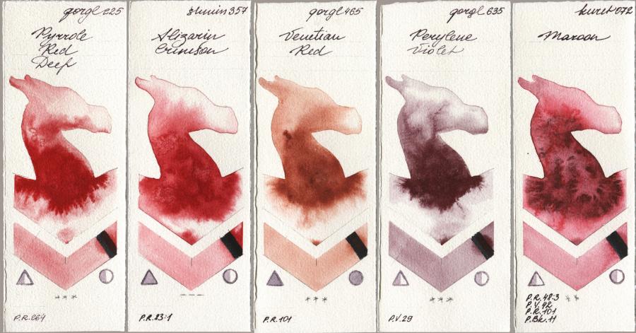 Golden QOR 225 Pyrrole Red Deep vs Shminke Horadam Aquarell 357 Alizarin Crimson vs 465 Venetian Red vs 635 Perylene Violet vs Kuretake Gansai Tambi 072 Maroon watercolor swatch