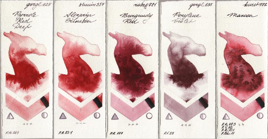 Golden QOR 225 Pyrrole Red Deep vs Shminke Horadam Aquarell 357 Alizarin Crimson vs Rosa Gallery 781 Burgundy Red vs 635 Perylene Violet vs Kuretake Gansai Tambi 072 Maroon watercolor swatch