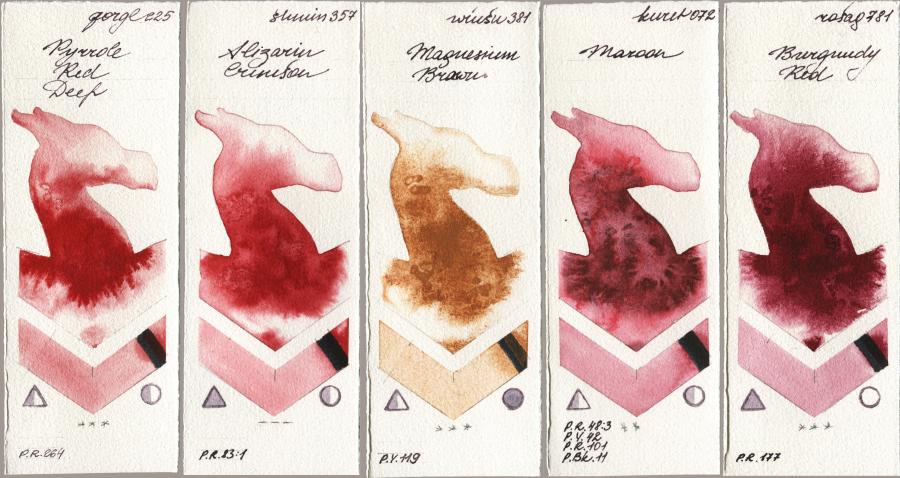 Golden QOR 225 Pyrrole Red Deep vs Shminke Horadam Aquarell 357 Alizarin Crimson vs Winsor & Newton Professional 381 Magnesuim Brown vs Kuretake Gansai Tambi 072 Maroon vs Rosa Gallery 781 Burgundy Red watercolor swatch