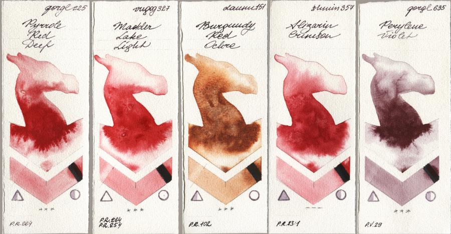 Golden QOR 225 Pyrrole Red Deep vs Royal Talens Van Gogh Watercolour 327 Madder Lake Light vs Daniel Smith 151 Burgundy Red Ochre vs Shminke Horadam Aquarell 357 Alizarin Crimson vs 635 Perylene Violet watercolor swatch