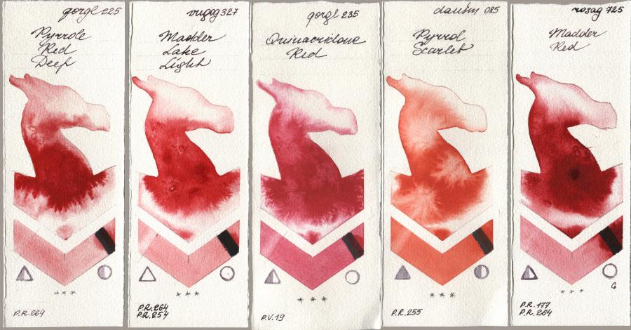Golden QOR 225 Pyrrole Red Deep, Royal Talens Van Gogh Watercolour 327 Madder Lake Light, 235 Quinacridone Red, Daniel Smith 085 Pyrrol Scarlet, Rosa Gallery 725 Madder R watercolor swatch