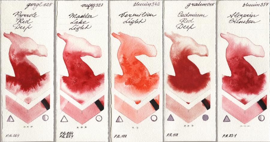 Golden QOR 225 Pyrrole Red Deep vs Royal Talens Van Gogh Watercolour 327 Madder Lake Light vs Shminke Horadam Aquarell 342 Vermilion Light vs M. Graham & Co. Artists 045 Cadmium Red Deep vs 357 Alizarin Crimson watercolor swatch