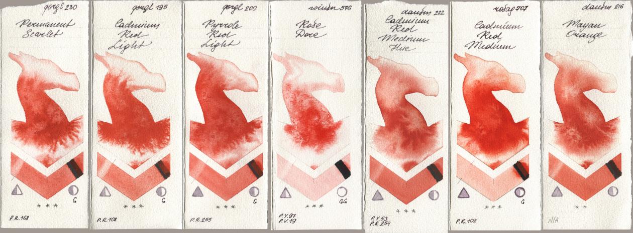 Golden QOR 230 Permanent Scarlet, 195 Cadmium Red Light, 200 Pyrrole Red Light, Winsor & Newton Professional 576 Rose Dore, Daniel Smith 222 Cadmium Red Medium Hue, Rosa Gallery 707 Cadmium Red Medium, 216 Mayan Oran watercolor swatch